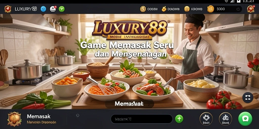 Tampilan antarmuka permainan LUXURY88 yang menampilkan aktivitas memasak.