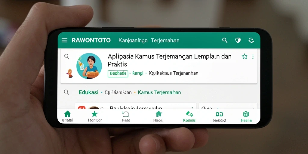 Antarmuka aplikasi RAWONTOTO dengan fitur kamus terjemahan.