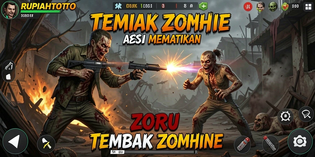 Tampilan antarmuka RUPIAHTOTO dengan aksi tembak zombie yang mendebarkan.